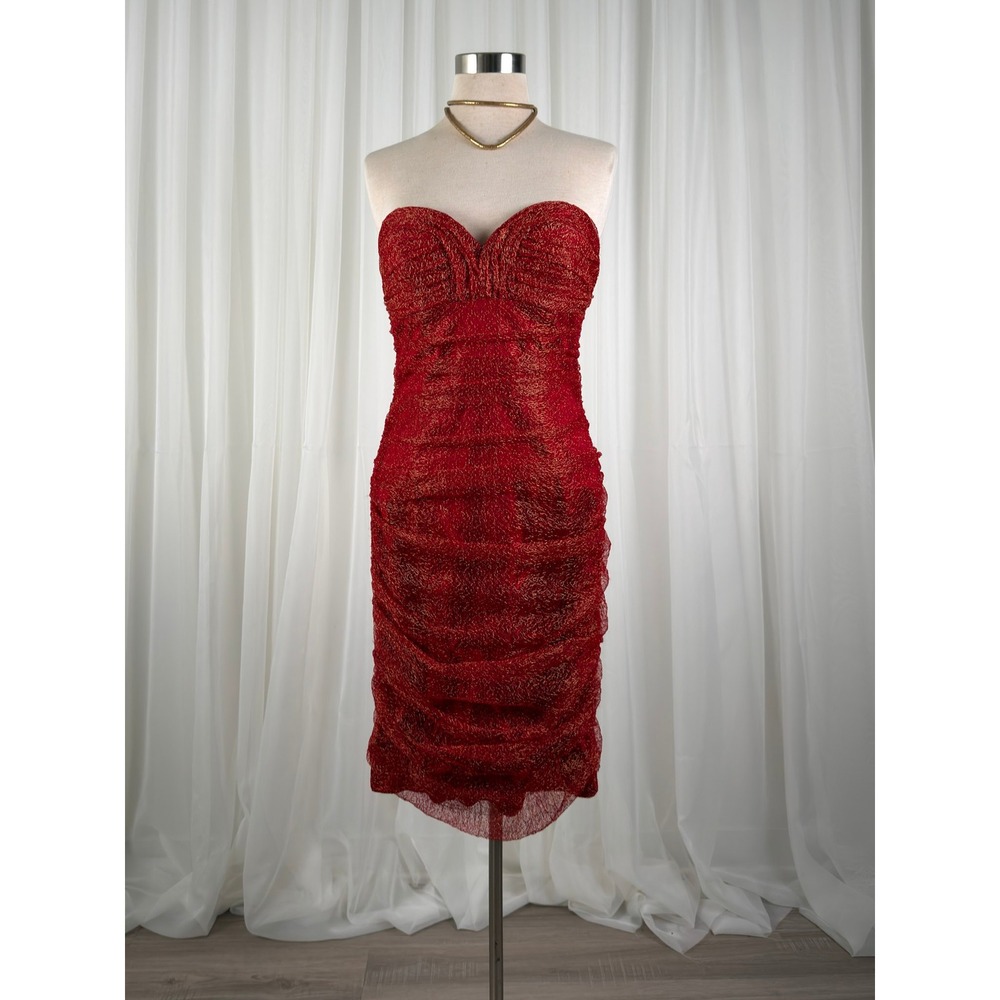 David Meister Metallic Ruched Strapless Cocktail Dress Women Red 8